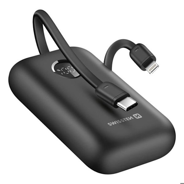 Bärbar Batteri 10000mAh Inbyggda USB-C och Lightning Kablar LED Skärm Swissten Svart Svart