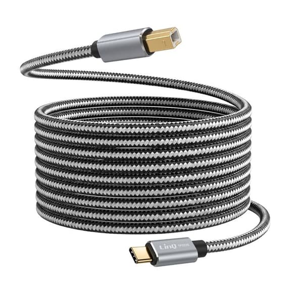 USB-C - USB-B 2.0 480Mbps tulostimelle, 3m nailonpunottu kaapeli, LinQ Harmaa
