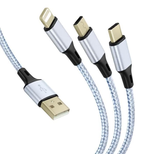 USB 3 i 1 Kabel - AVIZAR - 2m - Hurtig Opladning - Flextil Nylon - Grå Grå