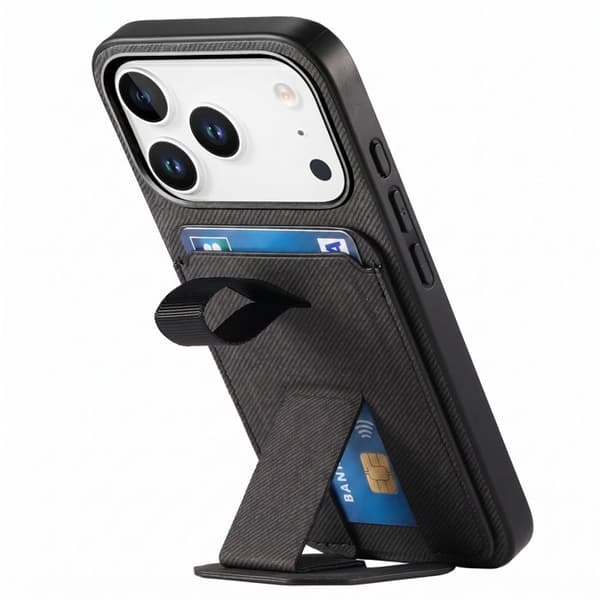 iPhone 17 Pro Max Cover med Stofeffekt, Støtte og Kortholder i Sort Svart