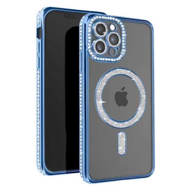Diamond Case iPhone 12 Pro Max -puhelimelle - AVIZAR - MagSafe Protection - Rhinestone Contour - Sininen Blå