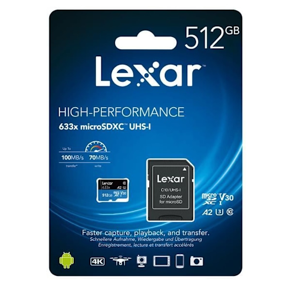 512 GB Lexar högpresterande 633x microSDXC UHS-I minneskort