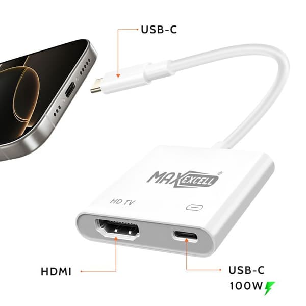 HDMI til USB-C videoadapter - MAX EXCELL - Ultra-HD 4K - Hurtig opladning 100W - Hvid