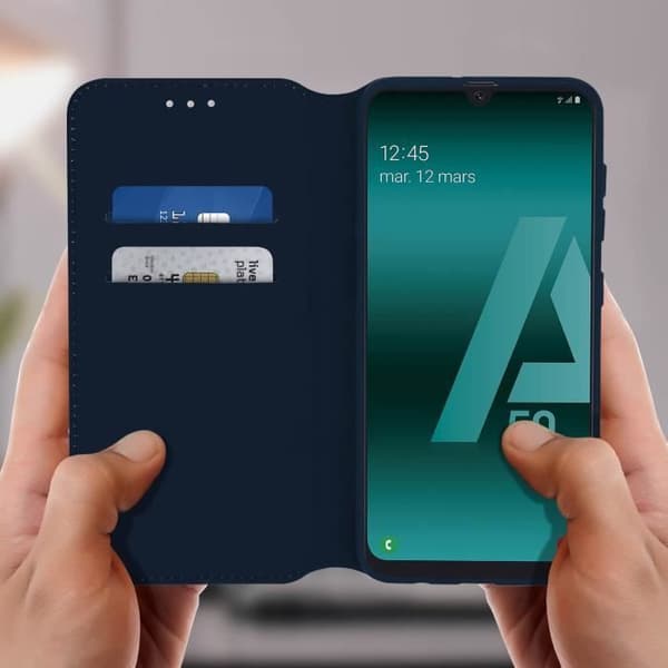 Folio plånboksfodral - AVIZAR - Samsung Galaxy A50 - Ekoskinn - Mörkblå - Stödfunktion Midnattsblå