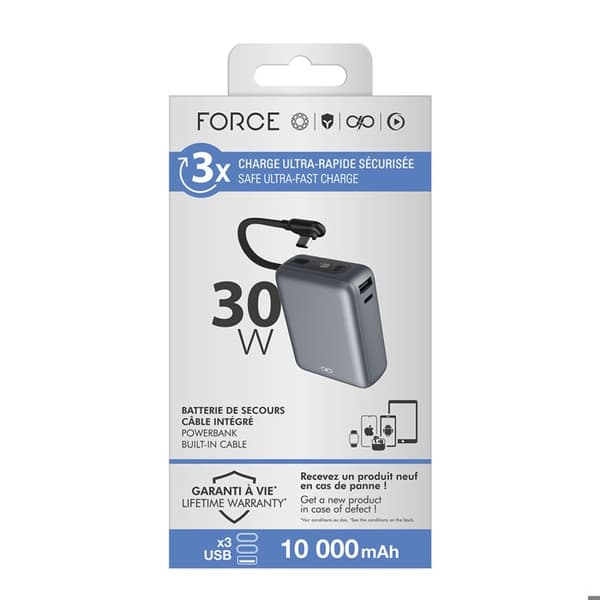 Power Bank - FORCE POWER - 10000mAh - 30W PD/QC - USB-A & USB-C - Integroitu kaapeli Grå