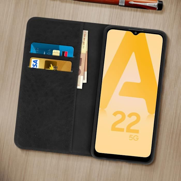 Etui för Samsung Galaxy A22 5G - AVIZAR - Folio Plånbok - Svart - Hård - Videostöd Svart