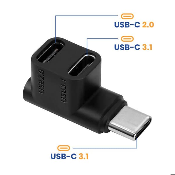 Dobbelt USB-C Vinkelfordeler 90° Opladning 100W 4K 10Gbps Sort