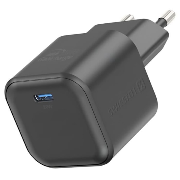 GaN USB C Netoplader 20W Kompakt Letvægts Swissten Sort Svart