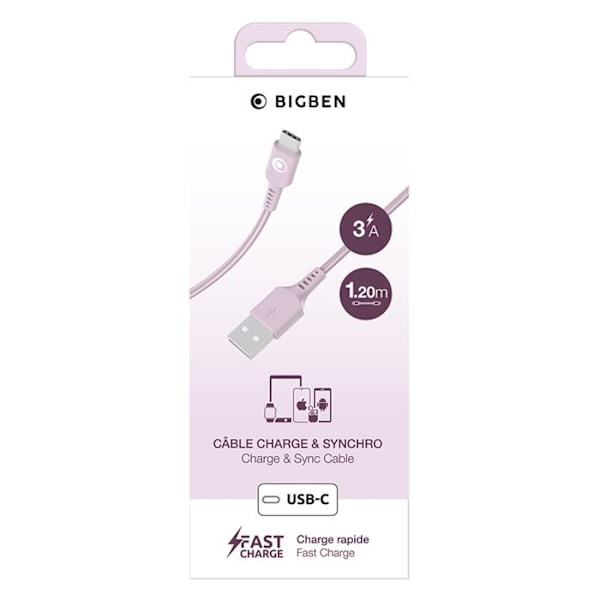 USB-A til USB-C FastCharge 15W 3A i vævet nylon 1.2m BigBen Connected Rosa Rosa