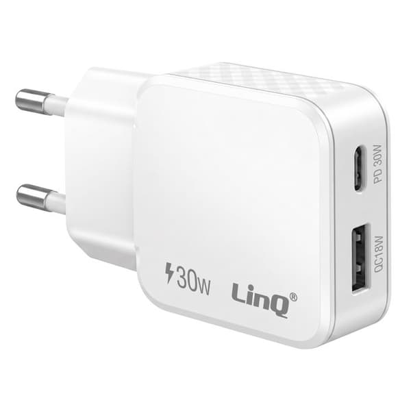 Universal USB-C og USB-A 30W dobbeltport oplader LinQ hvid Vit