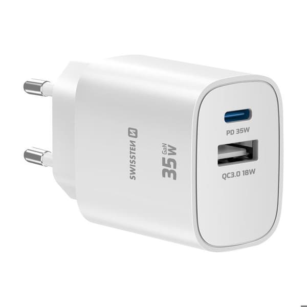 USB-C oplader 35W Power Delivery og USB-A Quick Charge 3.0 18W Swissten Hvid Vit