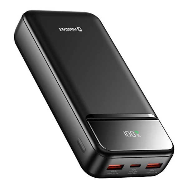 20000mAh Ulkoakku USB-C:llä ja 2 USB:llä, Kompakti LED-näyttö Swissten Musta Svart