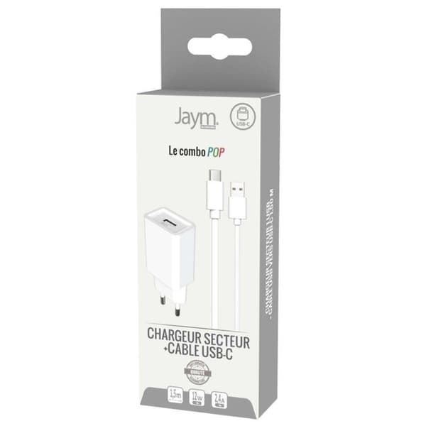 Latauspaketti - JAYM - USB-A 2.4A verkkoadapteri - USB-C kaapeli 1.5m - Valkoinen - Nopea lataus Vit