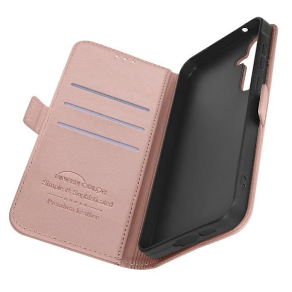 Kotelo Samsung A55 keinonahkaiselle lompakolle kaksinkertainen magneettilukko, vaaleanpunainen samppanja