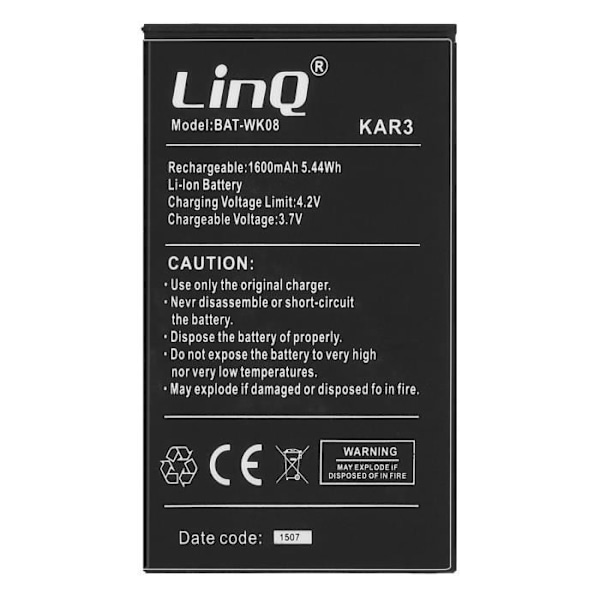 Internt batteri til Wiko Kar 3 - LINQ - BAT-WK08 - Kapacitet 1600mAh - Sort Svart