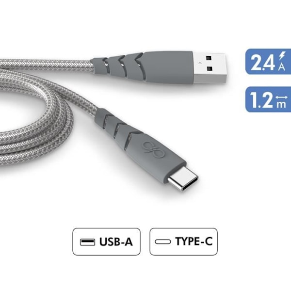 Ultravahvistettu USB A/USB C -kaapeli 1,2 m 3A Elinikäinen takuu Harmaa - 100 % kierrätettyä muovia Force Power