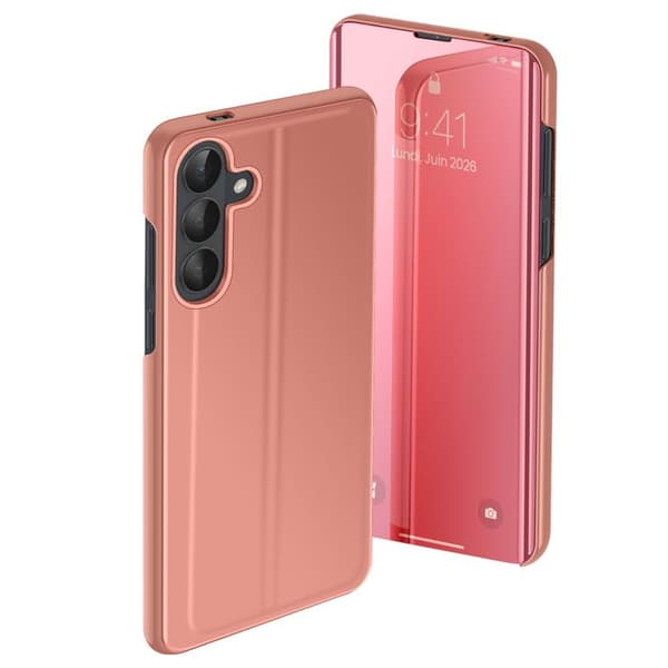 Spejl Etui til Galaxy S26 med Smart View Vindue og Foldbart Stativ Rosa Ros