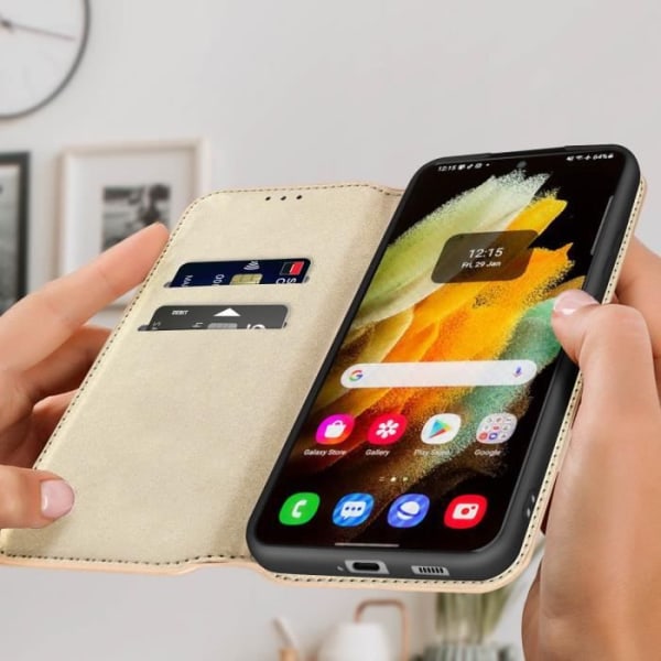 Plånboksfodral - Samsung - Galaxy S22 Plus - Guldgul - Syntetiskt läder - Videostöd Gult guld