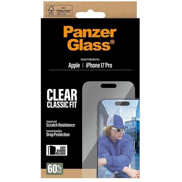 Härdat Glas - PANZER GLASS - iPhone 17 Pro - Stötsäker - EasyAligner - Transparent Vit