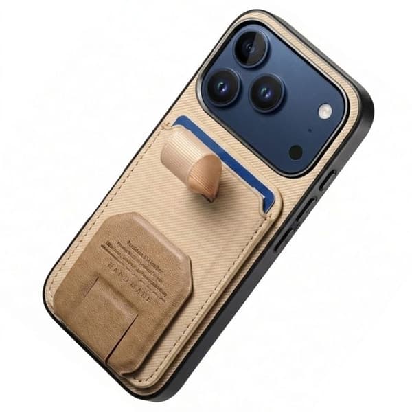 iPhone 17 Pro Fodral med Tyg Effekt och Stöd samt Kortfack Kaki Grön