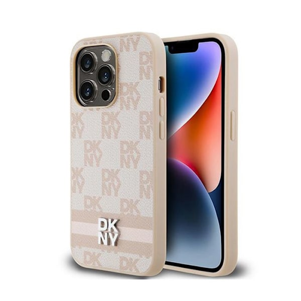 DKNY Monomönster i rutigt läder och tryckta ränder - iPhone 14 Pro-fodral (rosa)