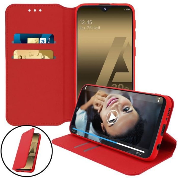 Hus til Samsung Galaxy A20e - AVIZAR - Folio Etui - Øko-læder - Rød - Videostøttefunktion Röd