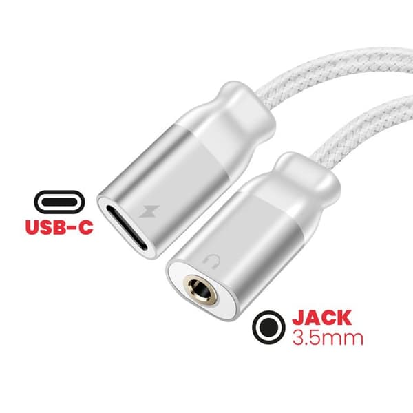 USB-C adapter - 2-in-1 - 3.5mm audio - Simultaneous charge - White braided