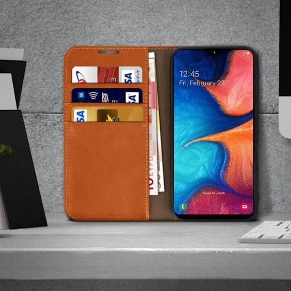 Folio-fodral - Äkta läder - Samsung Galaxy A20e - Kortfack - Videostöd - Mjuk kamel brun