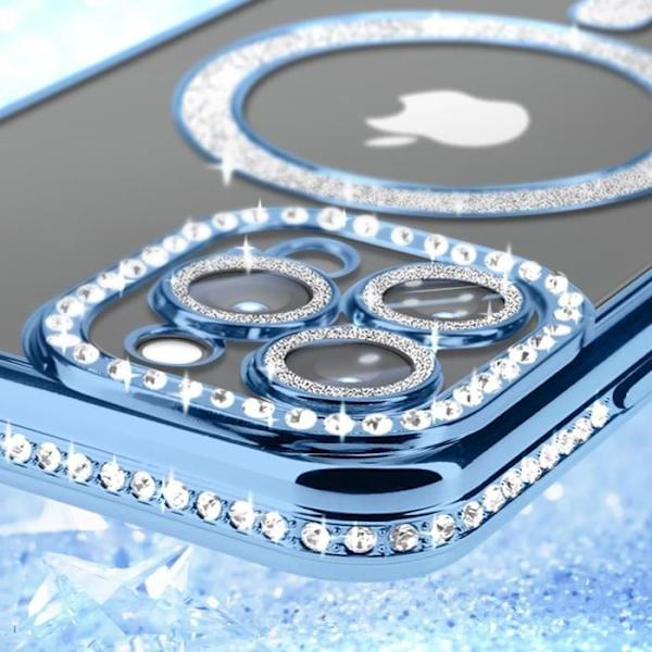 Diamond Case iPhone 12 Pro Max -puhelimelle - AVIZAR - MagSafe Protection - Rhinestone Contour - Sininen Blå