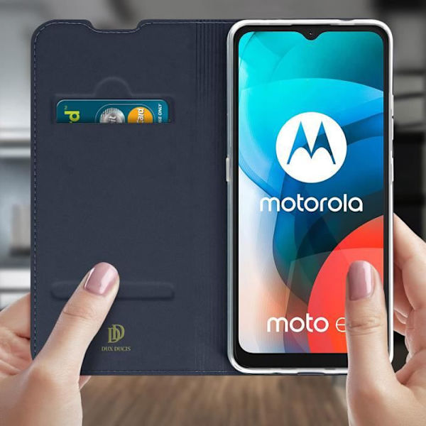 Housse - Dux Ducis - Moto E7 - Ekoskinn - Stödfunktion - Plånbok i midnatt blå Midnattsblå