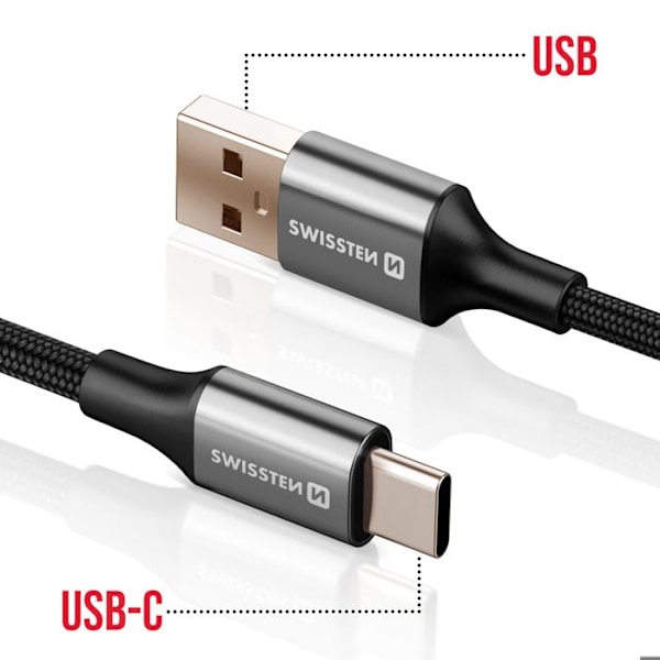 USB-kabel til USB-C Flettet Design Anti-nod Swissten Sort Svart