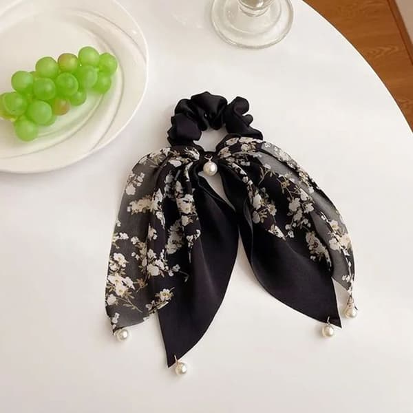 Chouchou Foulard Lang til Hår i Satin Perleformet Sort Sort Svart