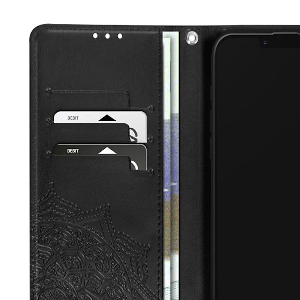 Fåll Mandala Blommor för iPhone 16 Plånbok Handledsrem Svart Svart