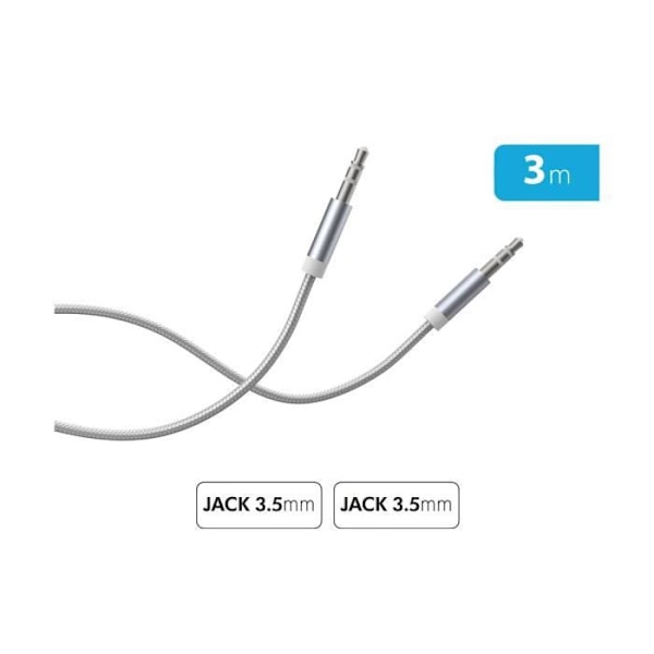 Ljudkabel 3,5 mm - FORCE POWER - Förstärkt vävd nylon - 3m - Vit - Optimal överföring