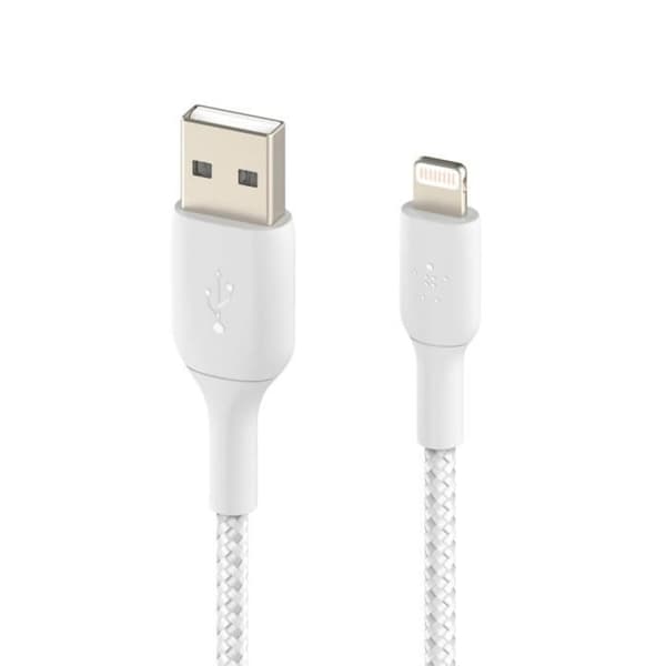 USB till Lightning-kabel - BELKIN - 3m - Flätad Nylon - Laddning 18W - Synkronisering Vit