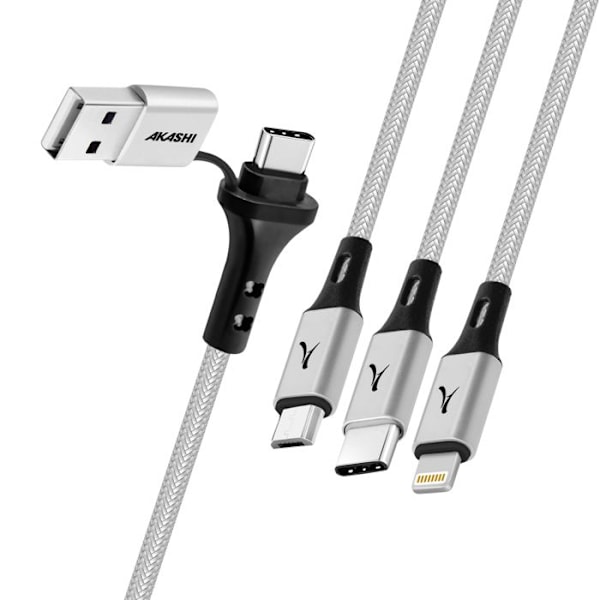 5-i-1 USB og USB-C til USB-C Micro USB Lightning Akashi Hvid Opkrævningskabel Vit