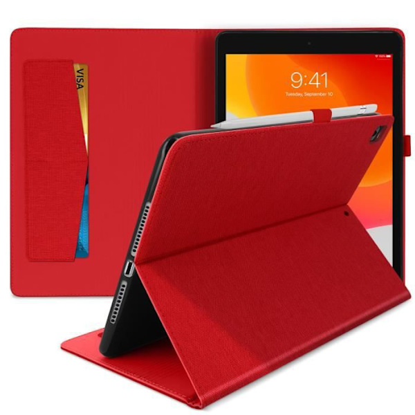 iPad 2019 skal - AVIZAR - Röd - Ekologiskt läder - Integrerat stöd - Kortförvaring Röd