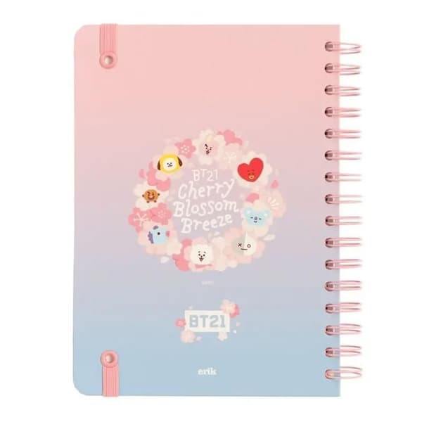 A5 Notesbog - BT21 - Sakura - Hårdt omslag - Indvendig lomme - Elastisk lukning rose