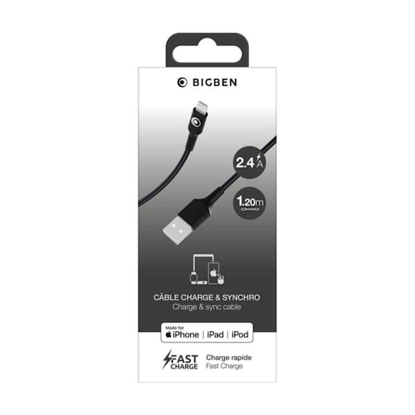 Ladekabel og USB-A/Lightning Overførsel 2.4A FastCharge 12W 1.2m BigBen Connected Sort Svart