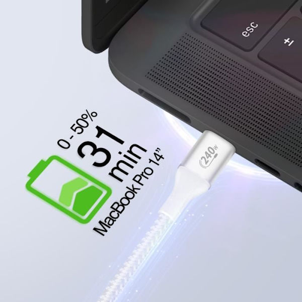 USB C-kabel - BELKIN - BoostCharge - 240W - Nylon Flettet - 1m - Ultra-Hurtig Opladning Vit
