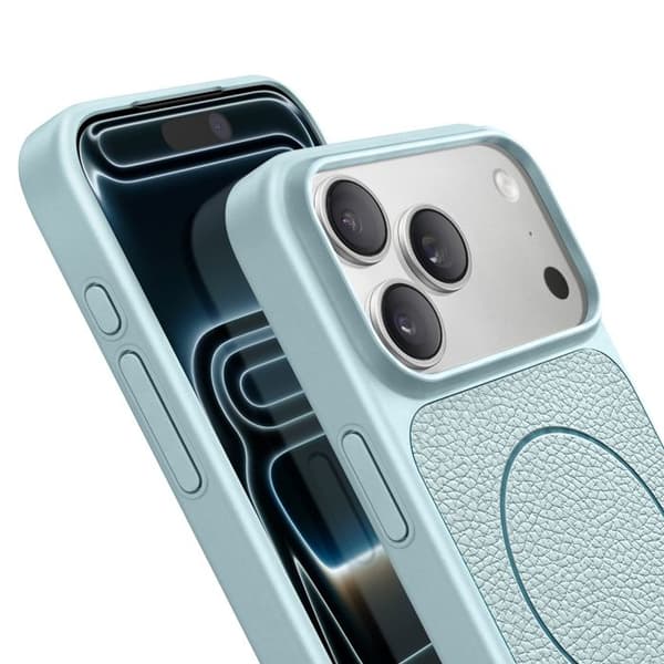 MagSafe-cover til iPhone 17 Pro Max, bi-materiale, stødabsorberende, lys blå lædertekstur Blå