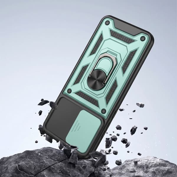Cover til Redmi Note 17 med ringestøtte og skydelåg til kamera i grøn Grön