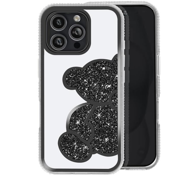 Cover til iPhone 16 Pro Max - AVIZAR - Glitter Bamse - Skinnende rhinstenskontur - Sort Svart