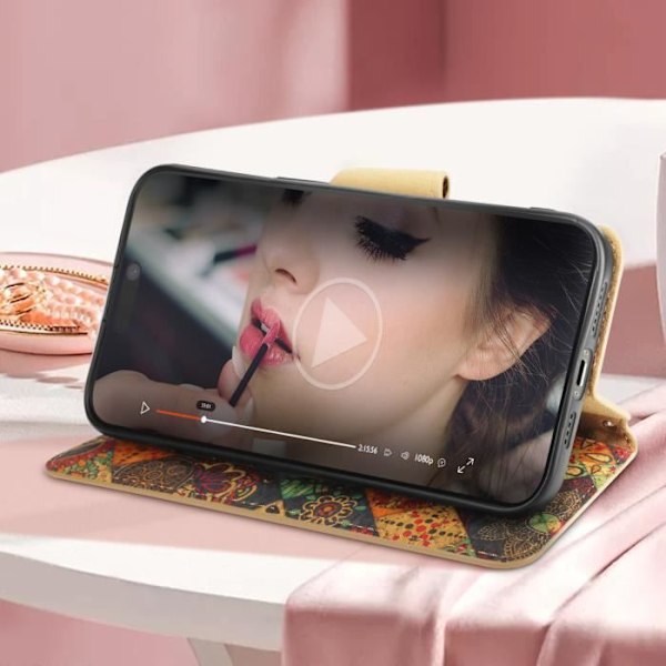Korkkikotelo iPhone 14 Prolle - AVIZAR - Bohème - Korttien ja lippujen säilytys - Videon tukiläppä - Musta Svart