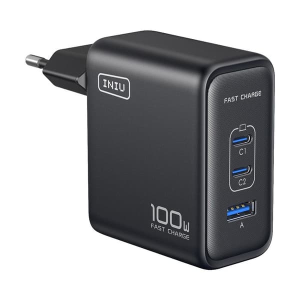 Nätadapter - INIU - 100W - 2 USB-C + 1 USB-A - Kompakt vikbar GaN - USB-C-kabel ingår Svart