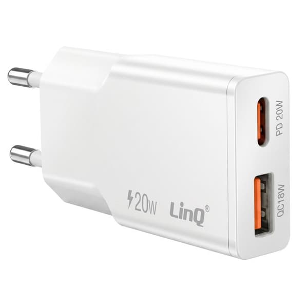 Ekstra Flad Vægoplader med Dobbelt USB-C og USB 20W LinQ Hvid Vit