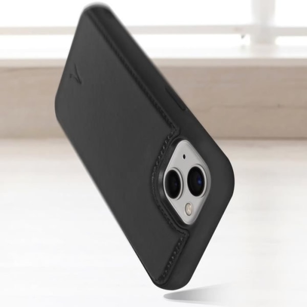 Styvt iPhone 13-fodral i äkta läder Toppsydd finish Akashi Black