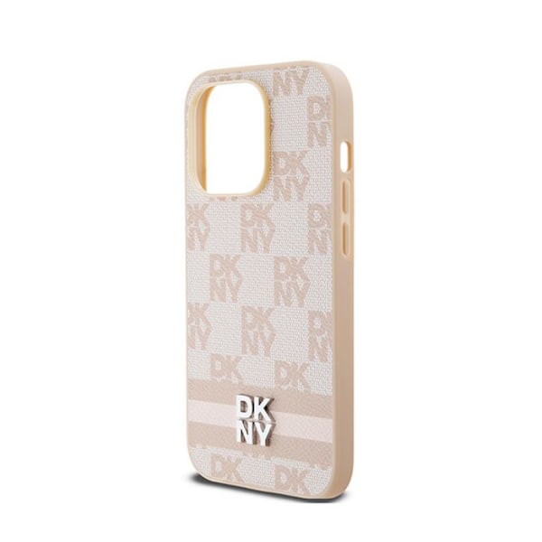 DKNY Monomönster i rutigt läder och tryckta ränder - iPhone 14 Pro-fodral (rosa)