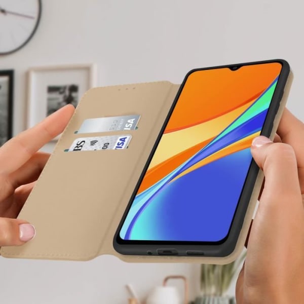 Housse - AVIZAR - Xiaomi Redmi 9C - Øko-læder - Støttefunktion - Guld Gul Gult guld