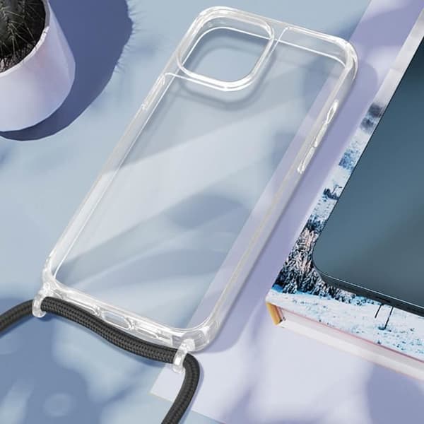 Smartphonefodral - AVIZAR - iPhone 15 - Transparent - Flätad nylonrem - Corda-serien Vit